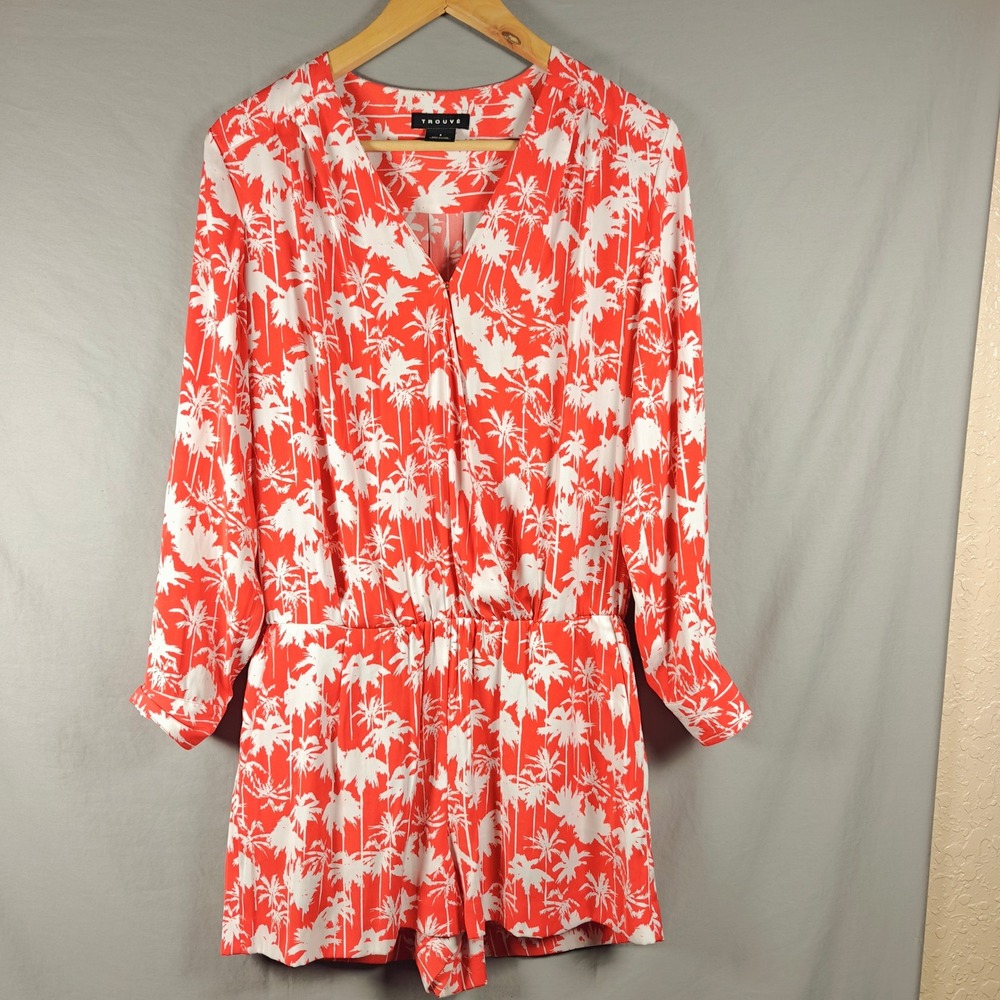 Trouve‎ Womens Red White Palm Tree Tropical Long Sleeve Romper Size S